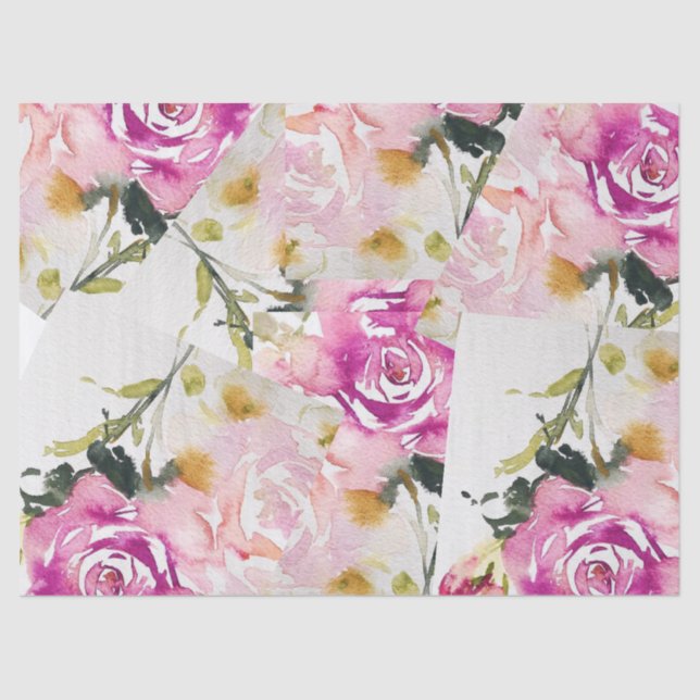 Mousseline Papier Tissu - Collage Roses Roses Aquarelles (Recto)