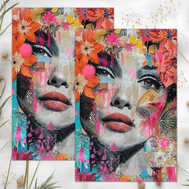 MOUSSELINE PAPIER TISSU DECOUPAGE FILLE FLEUR BOHO (BOHO FLOWER GIRL DECOUPAGE TISSUE PAPER)