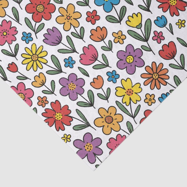 Mousseline Papier Tissu Fleurs Printanières Colorées Mignonne (Détail)