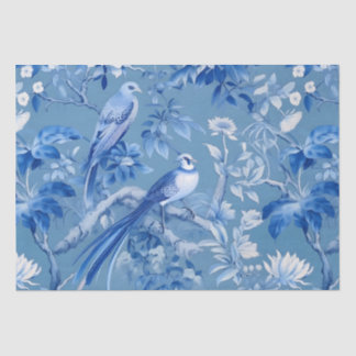 Mousseline Papier Tissu Floral Chinoiserie Bleu