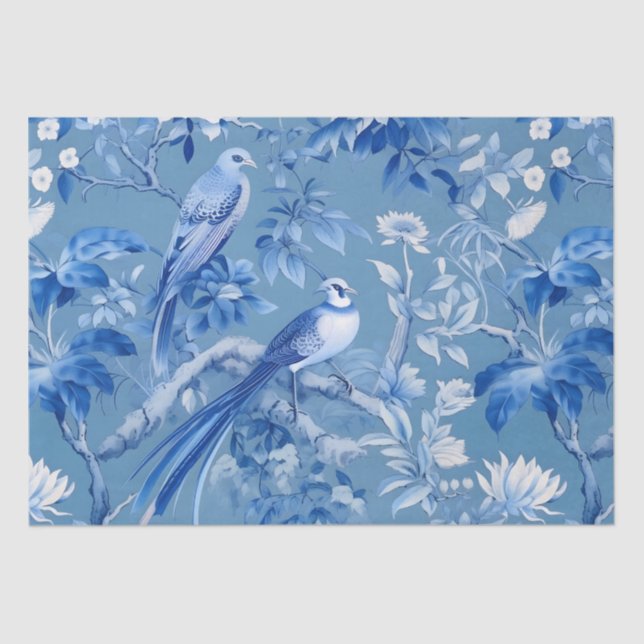 Mousseline Papier Tissu Floral Chinoiserie Bleu (Recto)