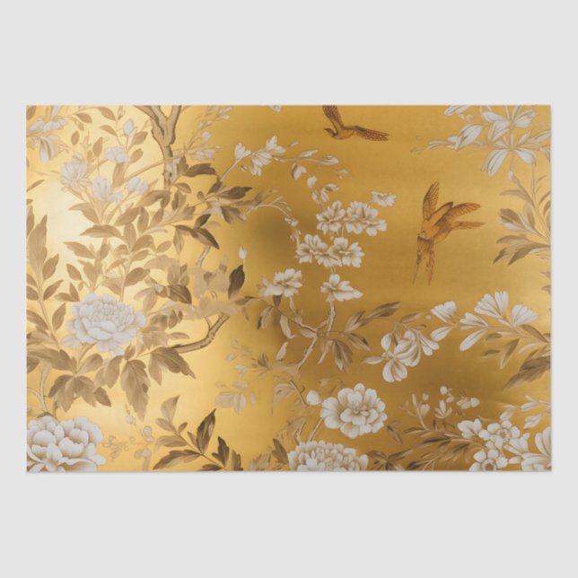 Mousseline Papier Tissu Floral Chinoiserie Or (Recto)