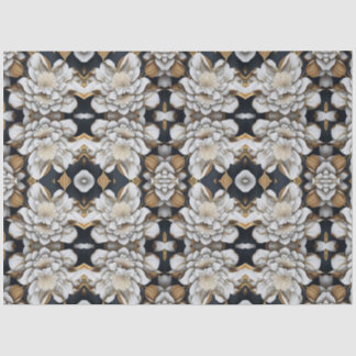 Mousseline Papier Tissu Floral Noir Blanc & Or