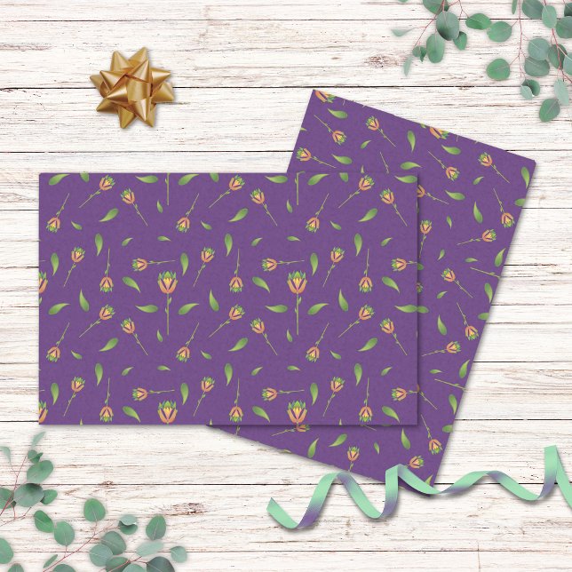 Mousseline Papier Tissu Floral Violet vintage (Vintage Inspired Purple Floral Tissue Paper.)