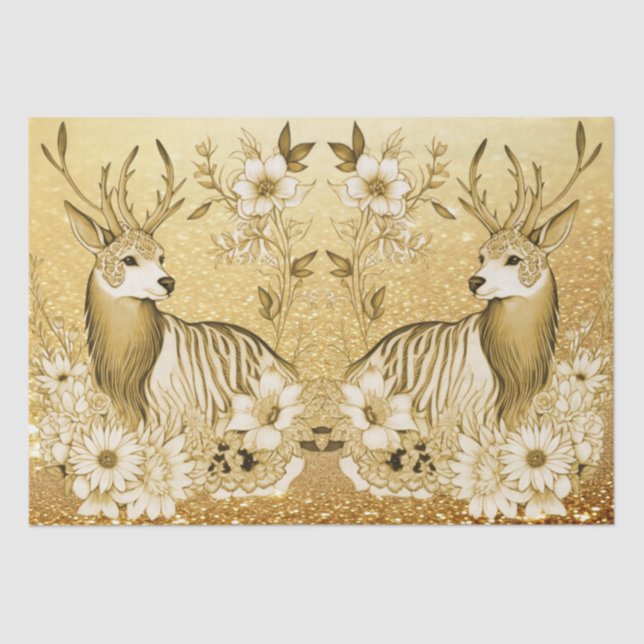 Mousseline Papier Tissu Gold Floral Reindeer (Recto)