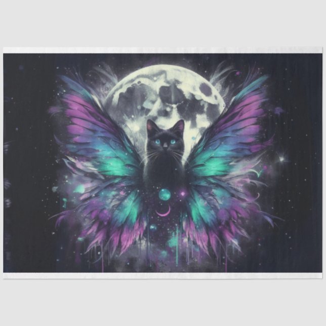 Mousseline Papier Tissu Lune Chat Noir (Recto)