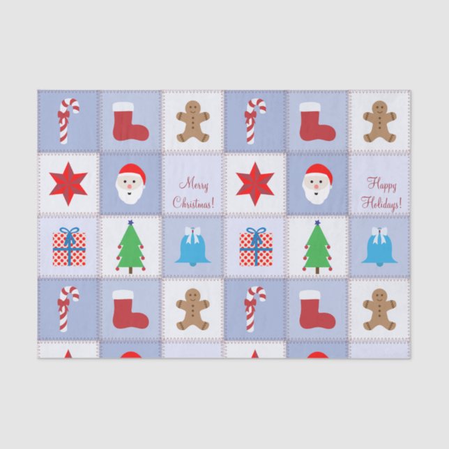 Mousseline Papier Tissu Motif de Noël - Bleu (Recto)