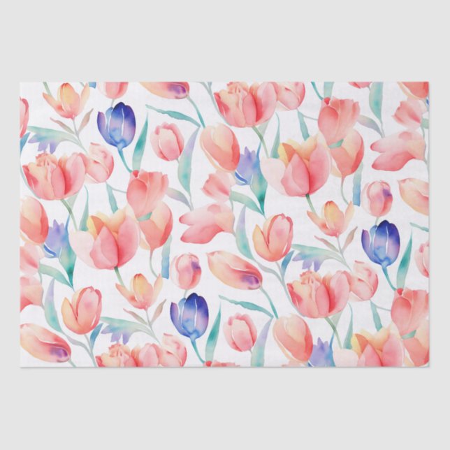 Mousseline Papier Tissu Motif Tulipes Aquarelle (Recto)