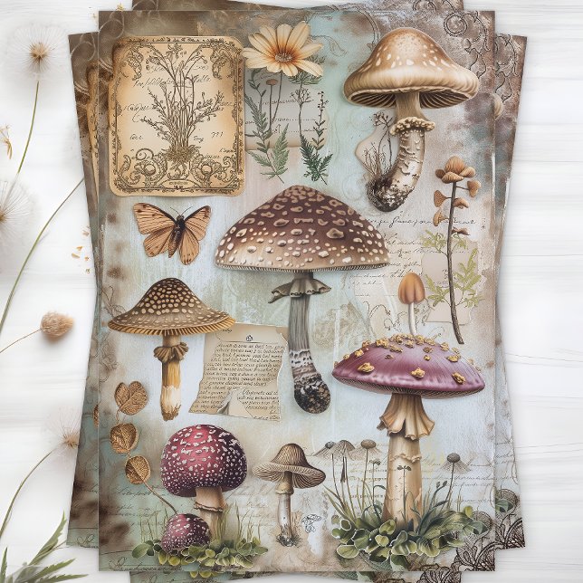 MOUSSELINE PAPIER TISSU POUR DÉCOUPAGE POSTER DE CHAMPIGNONS  (WILD MUSHROOMS POSTER DECOUPAGE TISSUE PAPER)