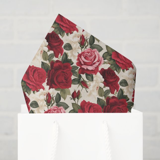 Mousseline Papier Tissu Roses Rouges (Sac cadeau)