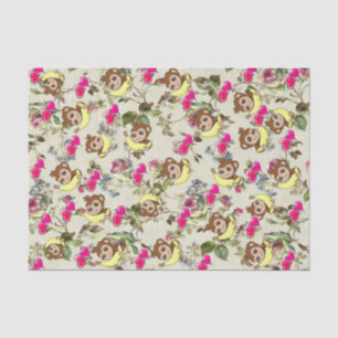 Mousseline Papier Tissu Singes Bananes Coeurs Rose Floral