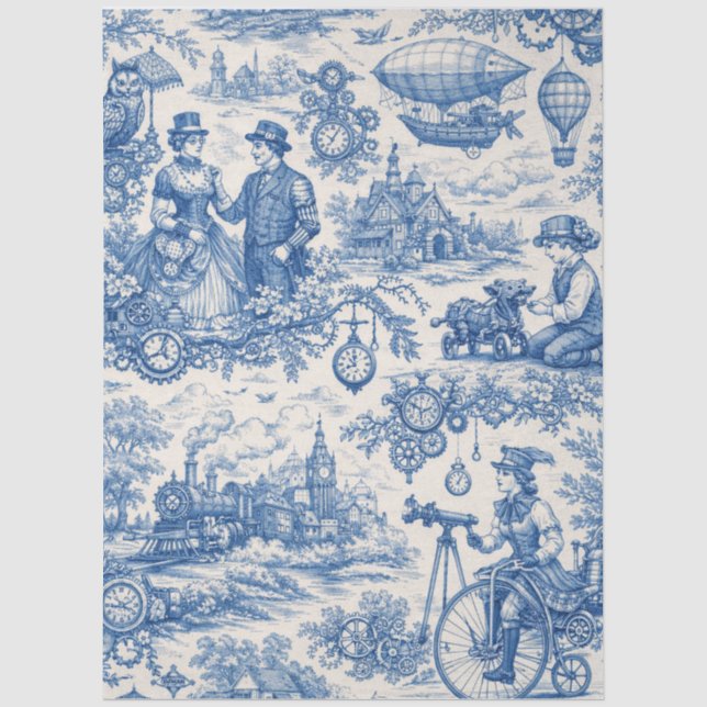 Mousseline Papier Tissu Toile Steampunk Bleu (Recto)