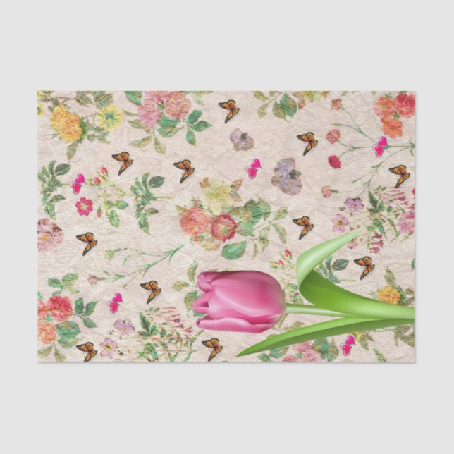 Mousseline Papier Tissu Tulipe rose Papillon Floral (Recto)