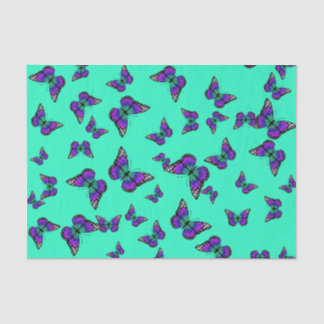 Mousseline Papier Tissu Turquoise Avec Papillons Violets