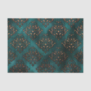 Mousseline Papier Tissu Turquoise Patina et Rust Damask