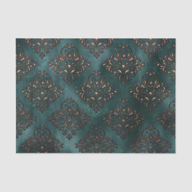 Mousseline Papier Tissu Turquoise Patina et Rust Damask (Recto)