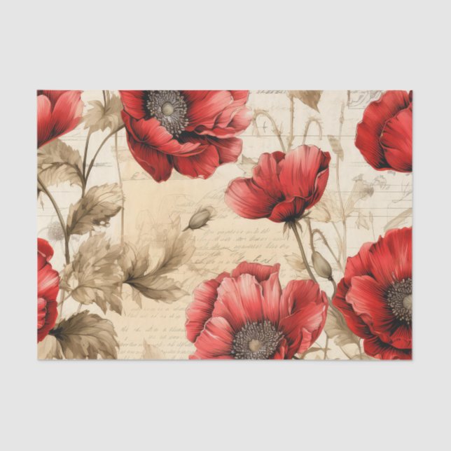 Mousseline Papier Tissu vintage Inspiré Red Poppies (Recto)