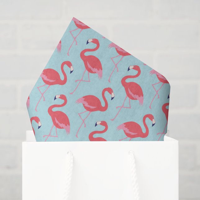 Mousseline Papier tissue motif flamant rose bleu (Sac cadeau)