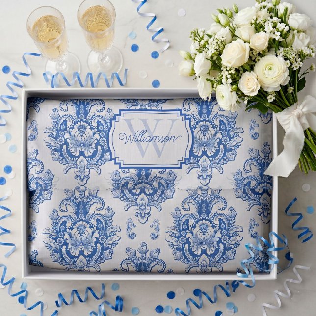 Mousseline Papier Toile de Jouy Bleu Motif Monogramme (Créateur téléchargé)