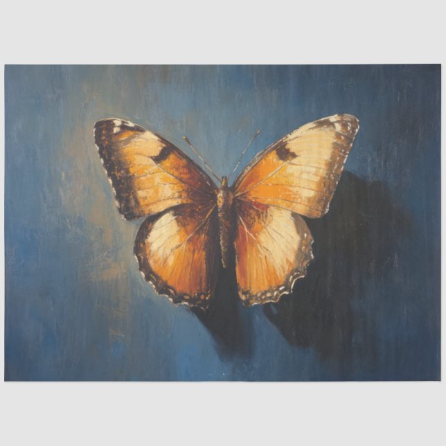 Mousseline Papillon d'or sur papier découpage bleu foncé (Recto)