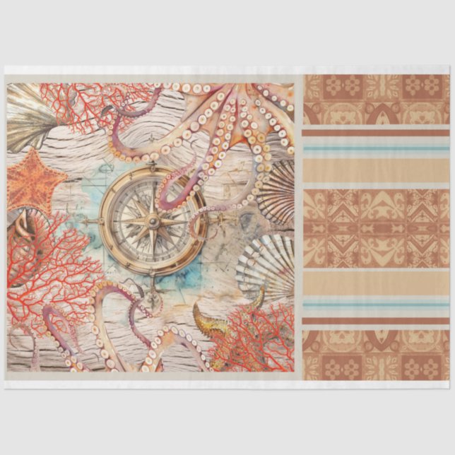 Mousseline Pieuvre, coquilles de corail rose boussole papier  (Recto)