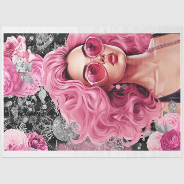 Mousseline Pink & Black Shabby Glam Woman Découpage papier (Recto)