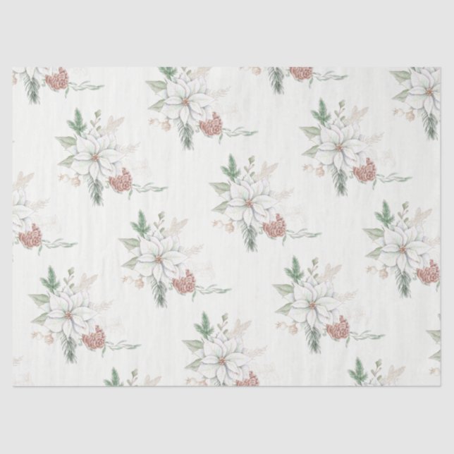Mousseline Poinsettias blanches et cônes de pin papier de tis (Recto)