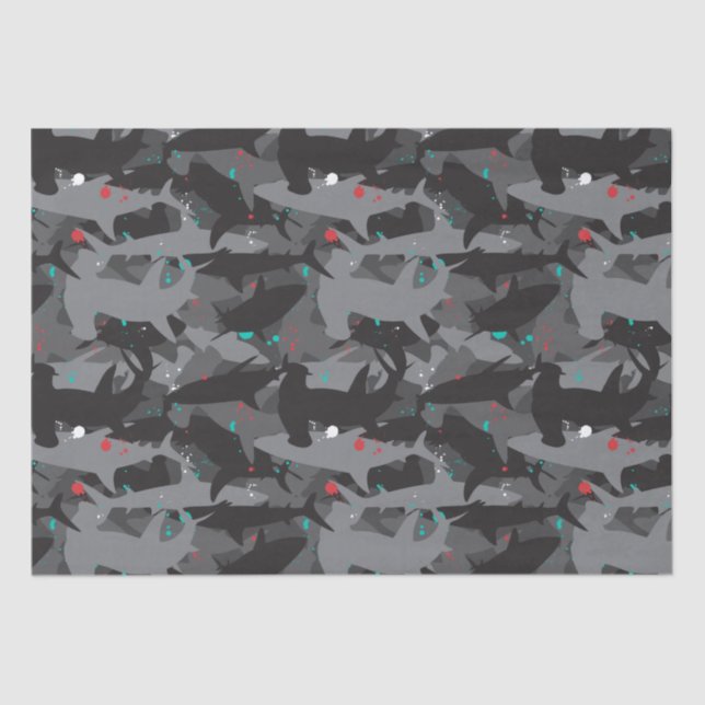 Mousseline Requin noir et camouflage Turquoise Motif papier t (Recto)