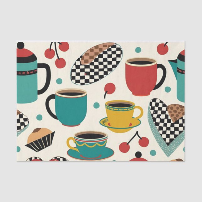 Mousseline Retro Diner Brew : 1950 Café-Theme Tissu Papier (Recto)