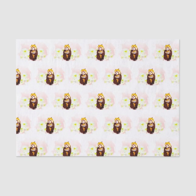 Mousseline Rose Floral Rouge Panda Maman bébé Tissu Papier (Recto)