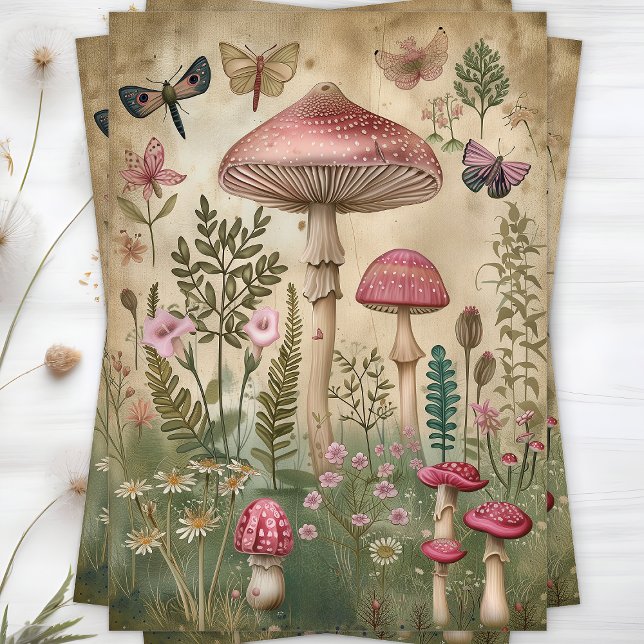 MOUSSELINE ROSE FORÊT MUSHROOMS DÉCOUPAGE TISSU PAPIER (PINK FOREST MUSHROOMS DECOUPAGE TISSUE PAPER)