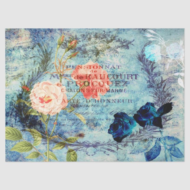 Mousseline Rose vintage Papier de fond découpage bleu (Recto)
