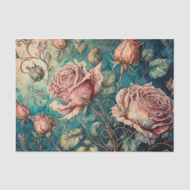 Mousseline Roses de Fairytale sur papier Tissu Turquoise (Recto)