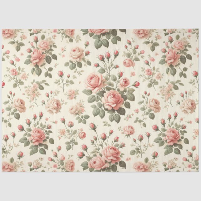 Mousseline Roses roses sur papier Tissu Vintage crème (Recto)