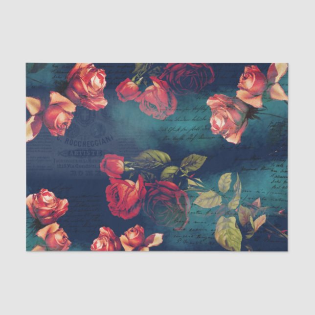 Mousseline Roses vintages sur papier tissu sombre Ephemera (Recto)