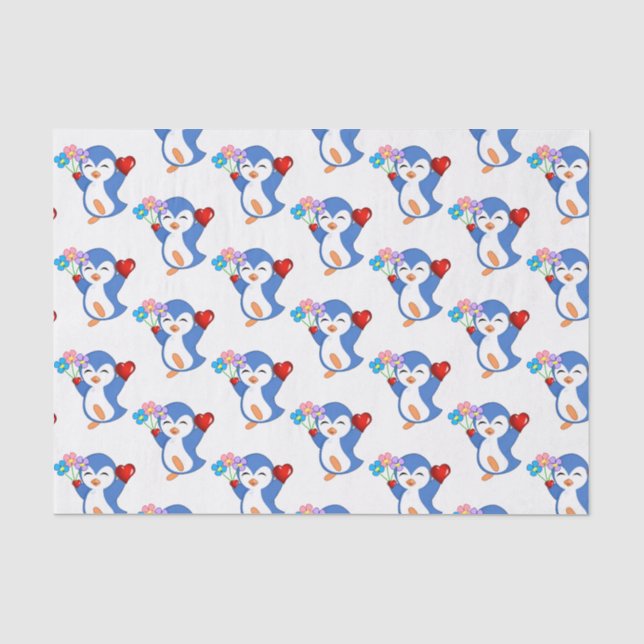 Mousseline Saint Valentin Tissu Papier Penguin Coeurs (Recto)