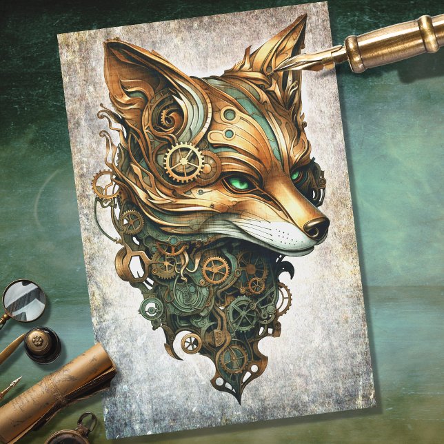 Mousseline Steampunk Fox Portrait Decoupage Papier (Créateur téléchargé)
