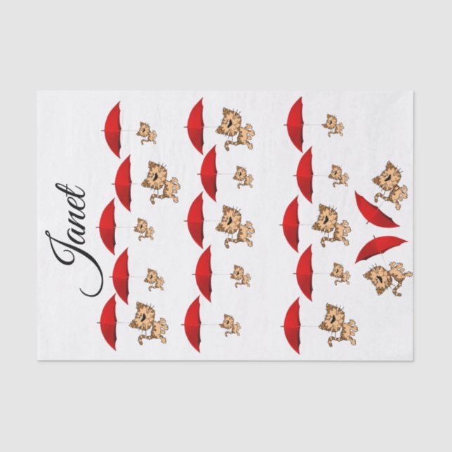 Mousseline Tissu Papier Rouge Parapluie Chats (Recto)