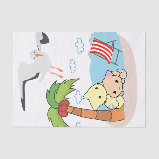 Mousseline Tissu Papier Seagull chat Chien Palm Tree Beach (Recto)