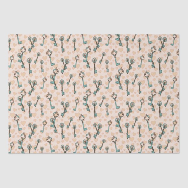 Mousseline Valentines Coeurs et Clés Papier Tissu (Recto)