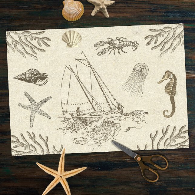 Mousseline Vintage Beige Marine Life sur papier antique (Créateur téléchargé)