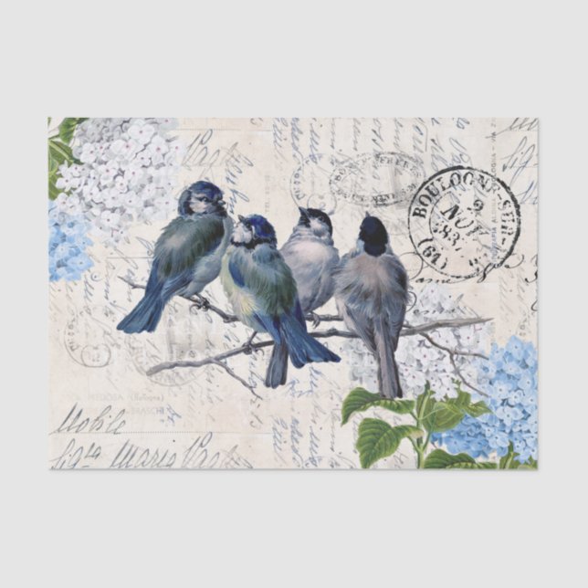 Mousseline Vintage Blue Birds Fleurs Italiennes Tissu Papier (Recto)