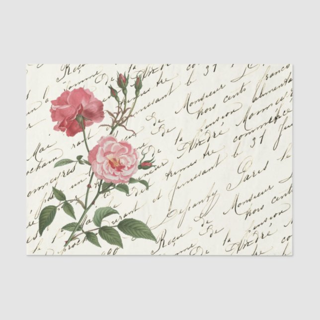 Mousseline Vintage Français Script Rose Roses Papier Tissu (Recto)
