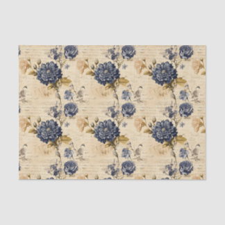 Mousseline Vintage Marine & Fleurs d'ivoire Papier Tissu, Élé