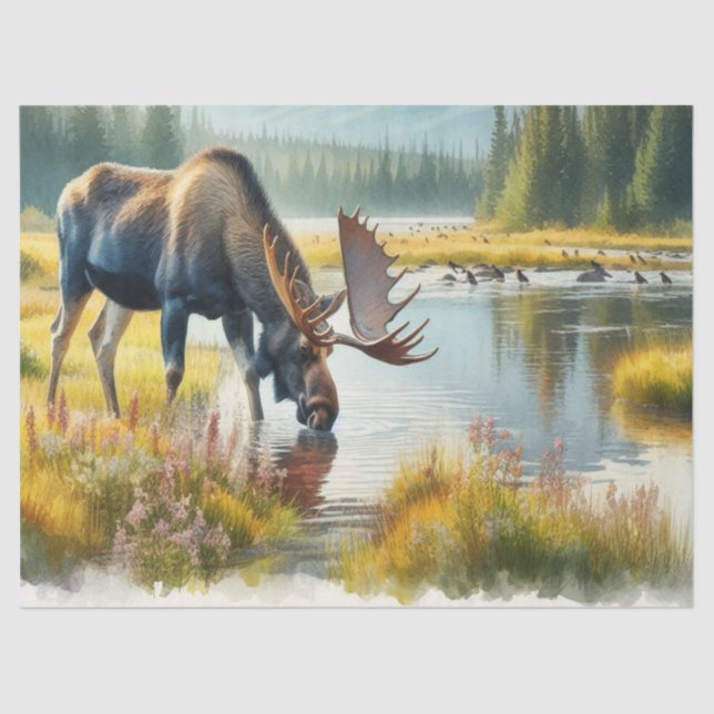Mousseline Watercolor Moose Wildlife Decoupage Papier de tiss (Recto)