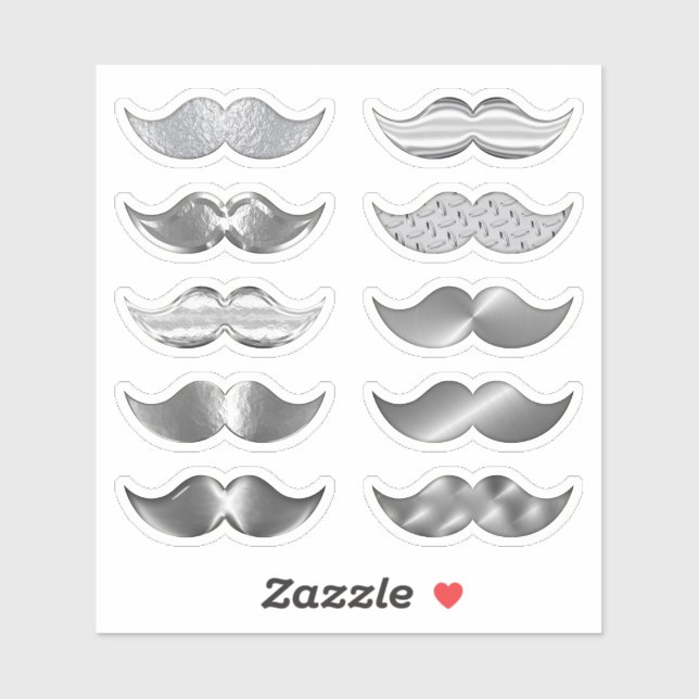 Moustache Argent Faux Ensemble de 10 Stickers (Feuille)