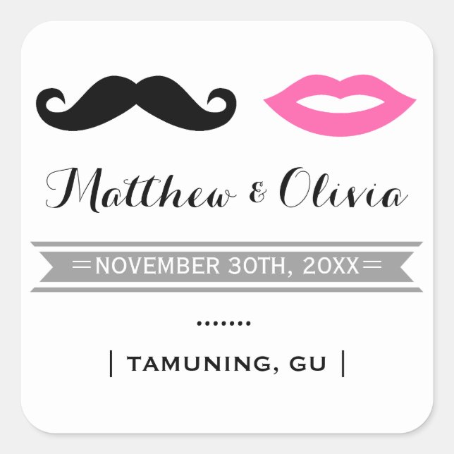 Moustache & Lèvres roses Mariage Faveur Stickers (Devant)