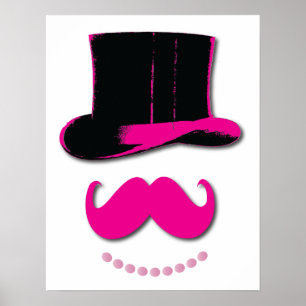 Moustache rose, chapeau haut et affiche perles