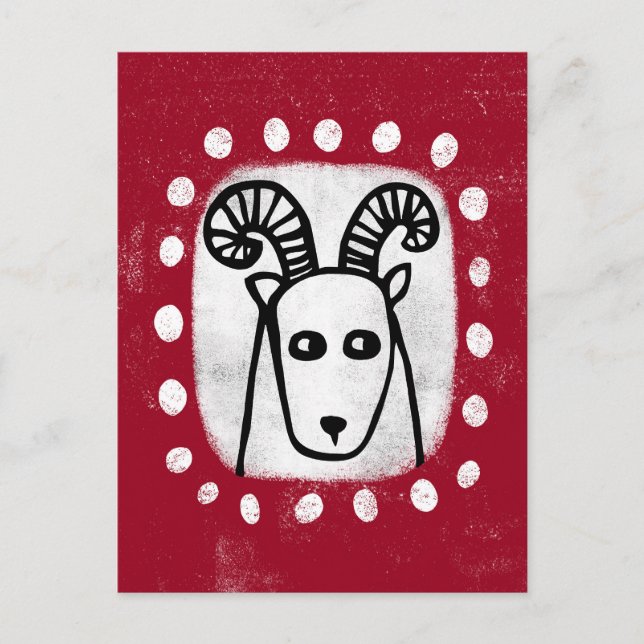 Mouton drôle bélier sur carte postale rouge (Devant)