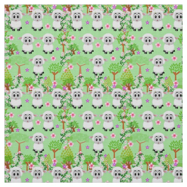 Moutons Floraux Arbres Tissu vert (Échantillon)